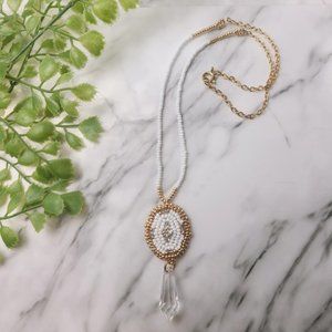 Gold And White Dangle Bohemian Beaded Rhinestone Necklace
